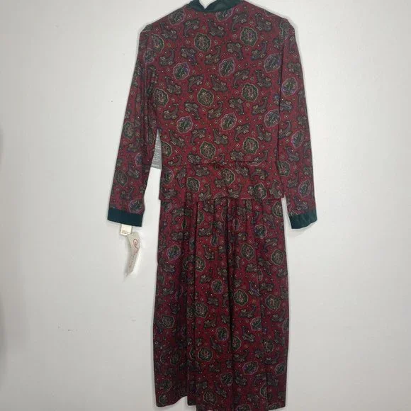 Vintage 80s Lanz Original Dress Paisley Maroon Green Midi Peplum New Sz 8 Cotton